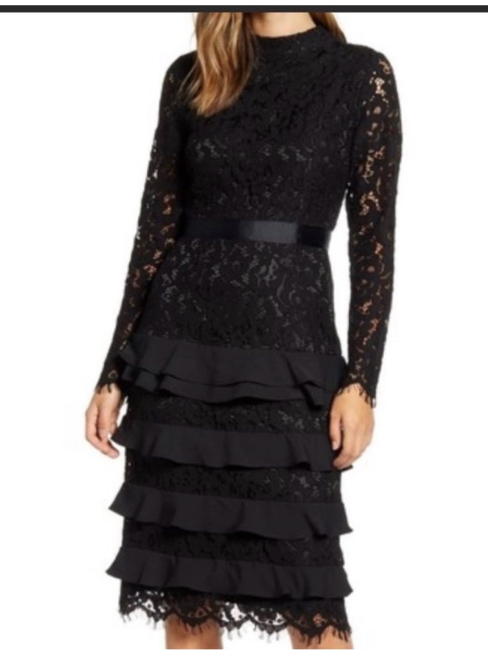 Rachel Parcell Black Lace Ruffle Midi Dress Long Sleeve XS NWOT
